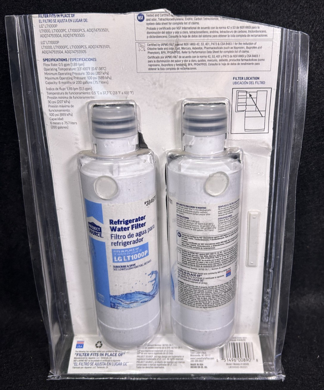 Project Source Refrigerator Water Filter L-5-2 Fits LG LT1000P 2-Pack 3846781