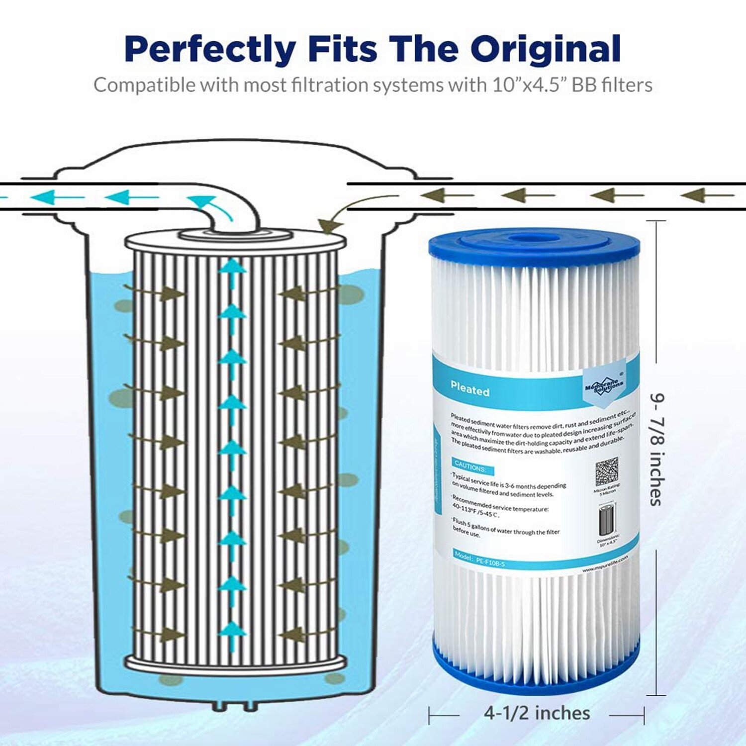 6 Pack 10″x4.5″ Whole House Pleated Sediment Water Filter Cartridge for Big Blue