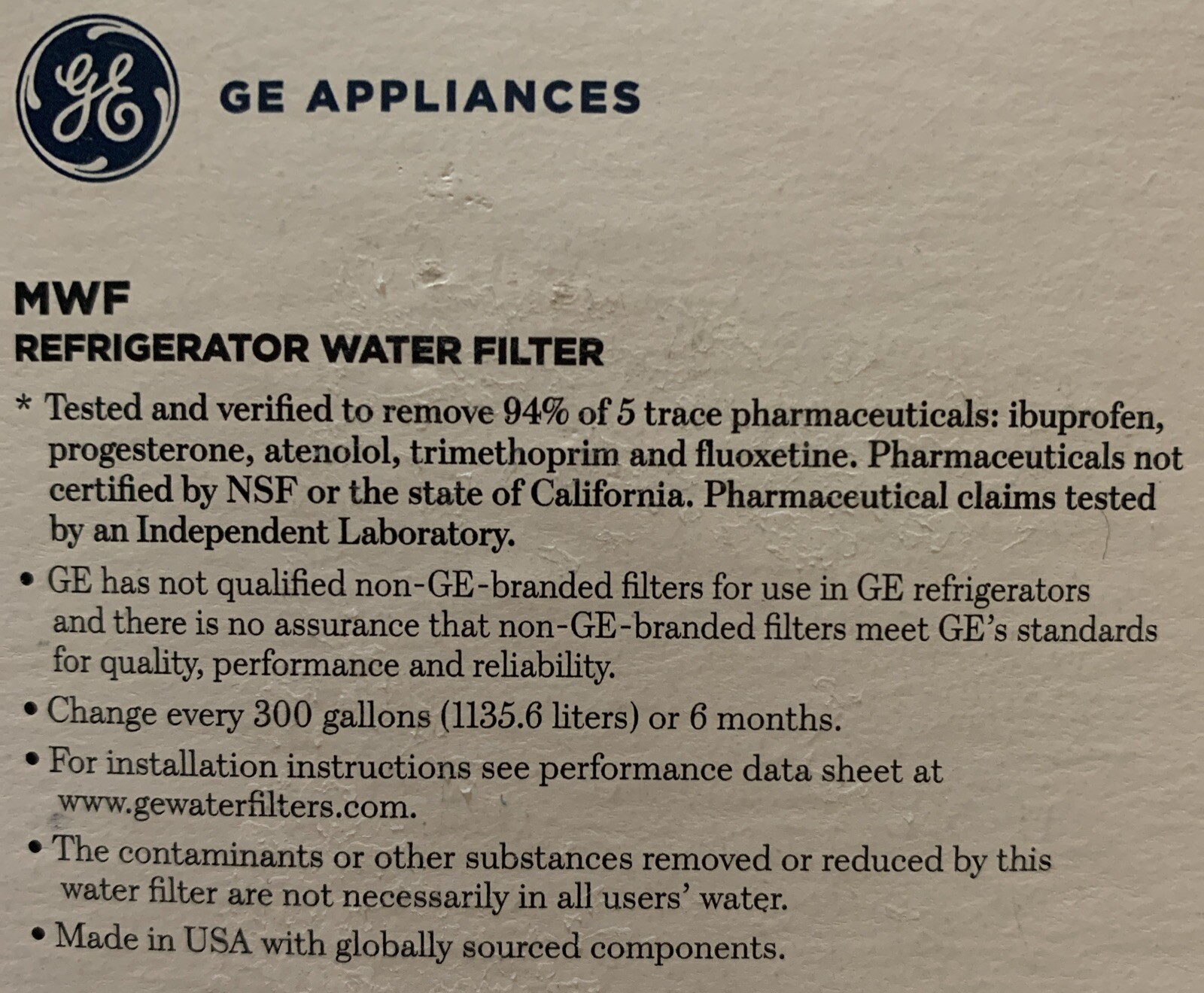 2x GE Appliances MWF- Refrigerator Water Filters- Chlorine Lead Mercury Asbestos