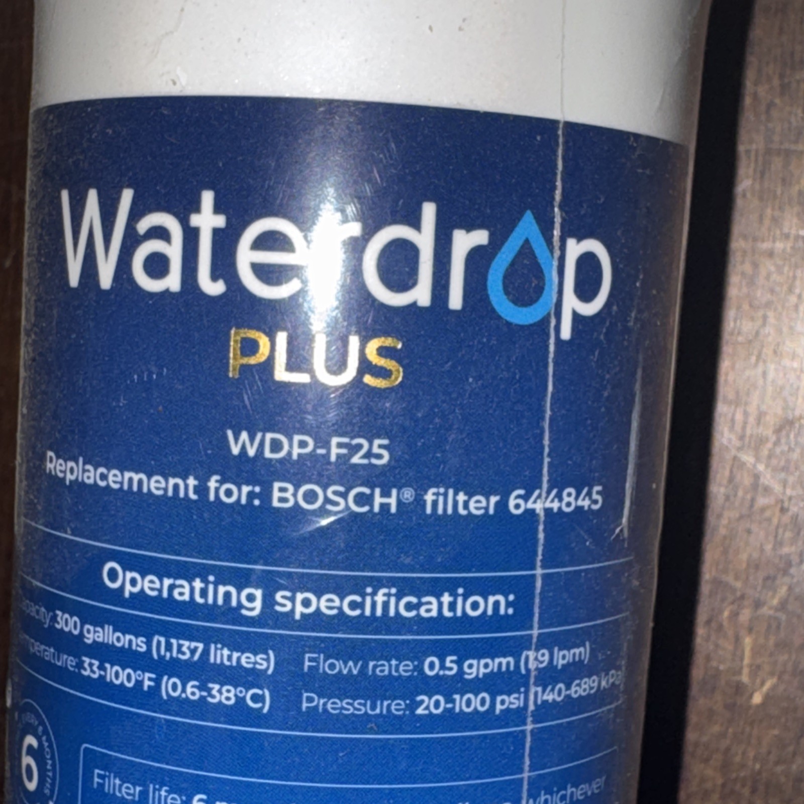 Waterdrop Plus Model WDP-F25 Water Filter Replacement 300 Gallons 6-Month