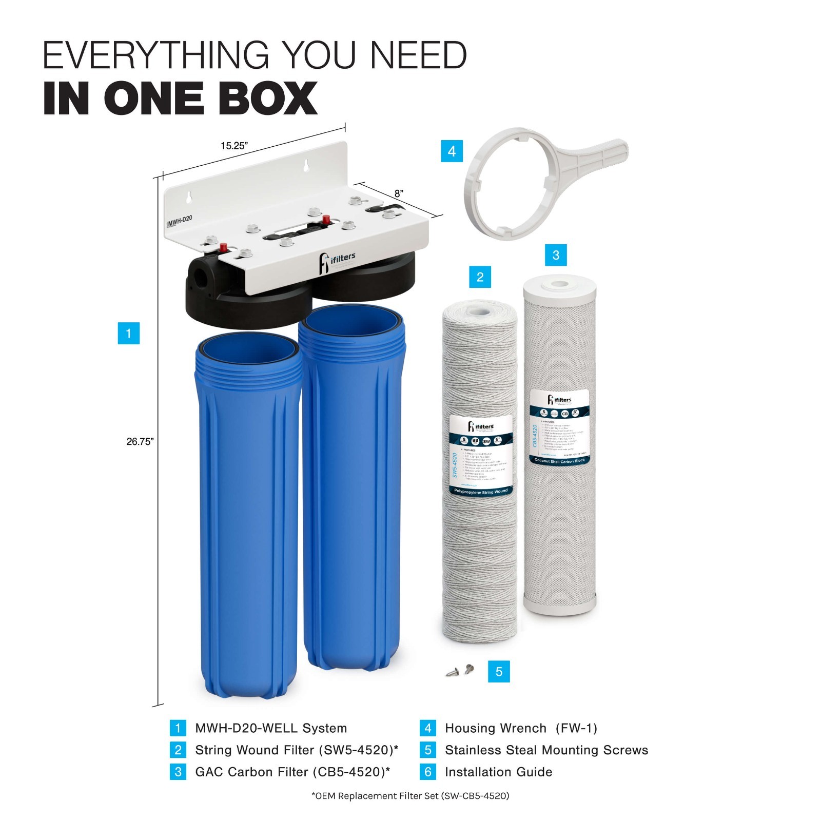 Whole House Filter System 2 Stage 20″ Sediment Chlorine Taste Odor VOCs 1″ Ports
