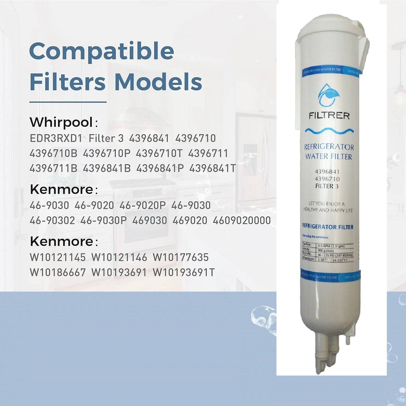 2 Pack Refrigerator Water Replacement Filter EDR3RXD1 9083 4396841 4396710