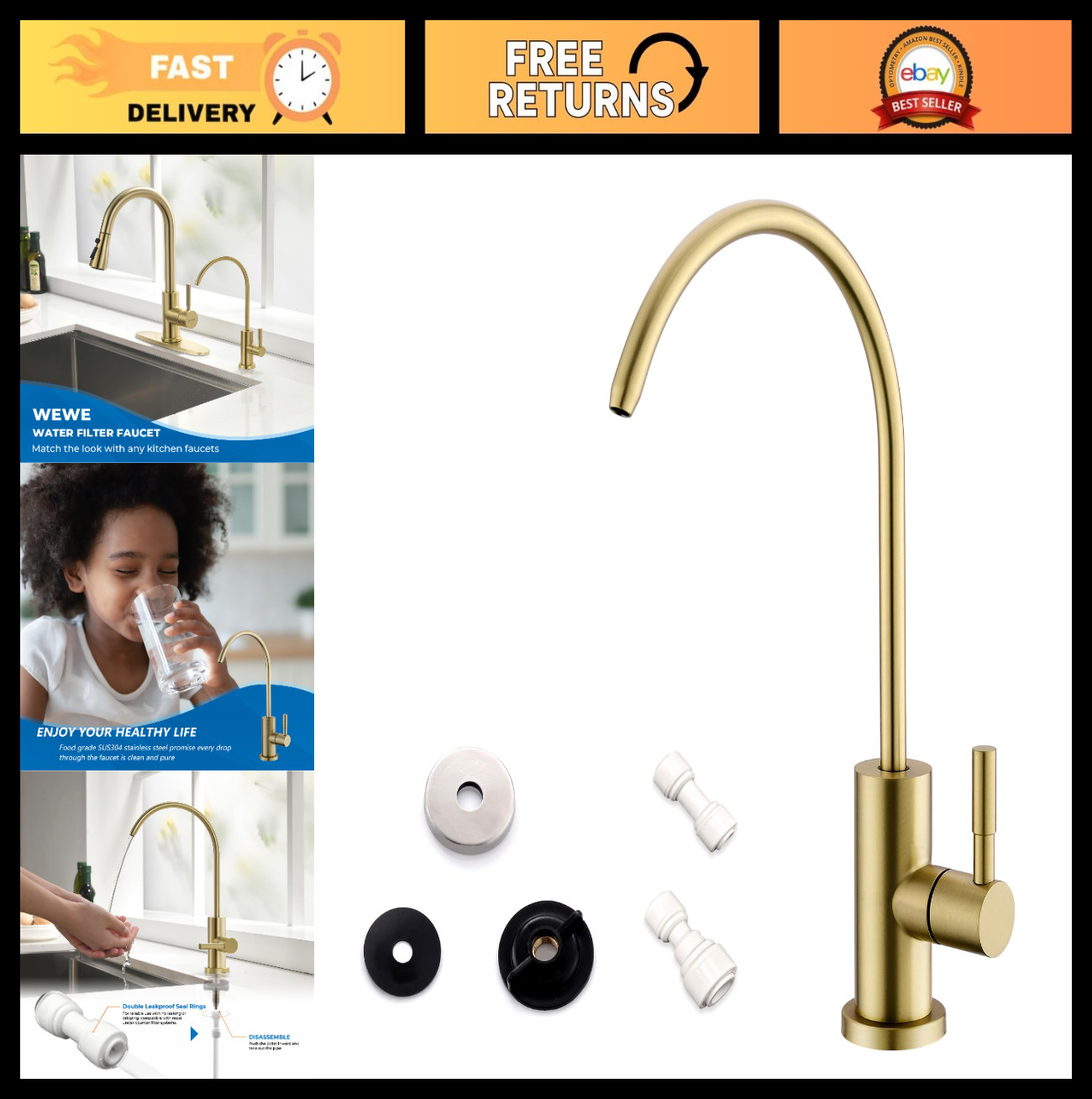 Gold Kitchen Sink Faucet – Stainless Steel Water Filter for RO Systems – Beverag
