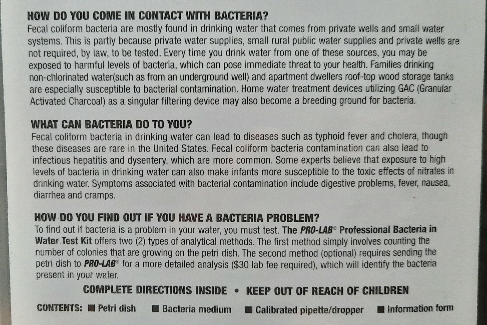 PRO-LAB BACTERIA IN WATER-DO IT YOURSELF TEST KIT – NEW From 2005