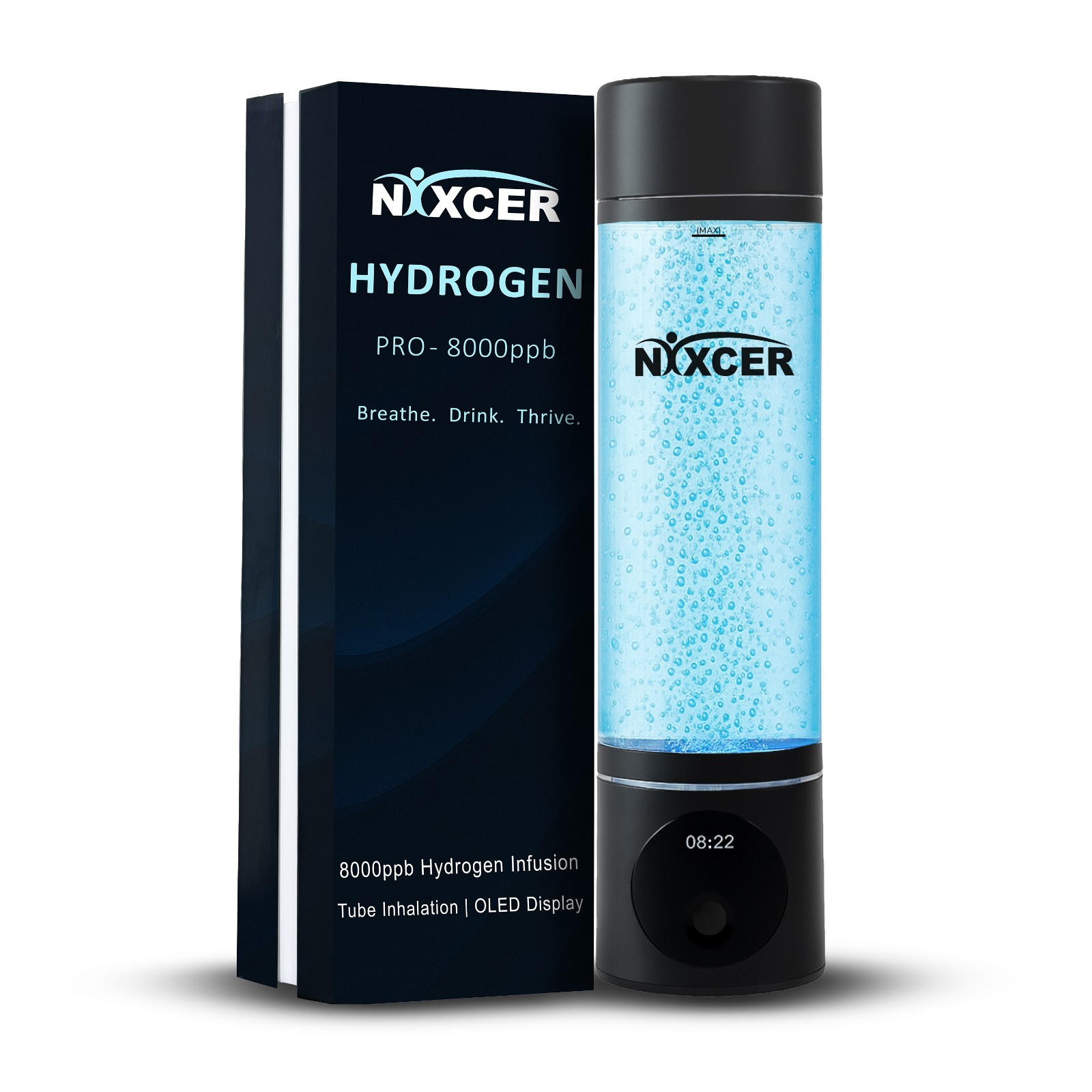 Nixcer Portable Hydrogen Water Pro Bottle 8000PPB H2, OLED, 5/10 Min Mode, USB-C
