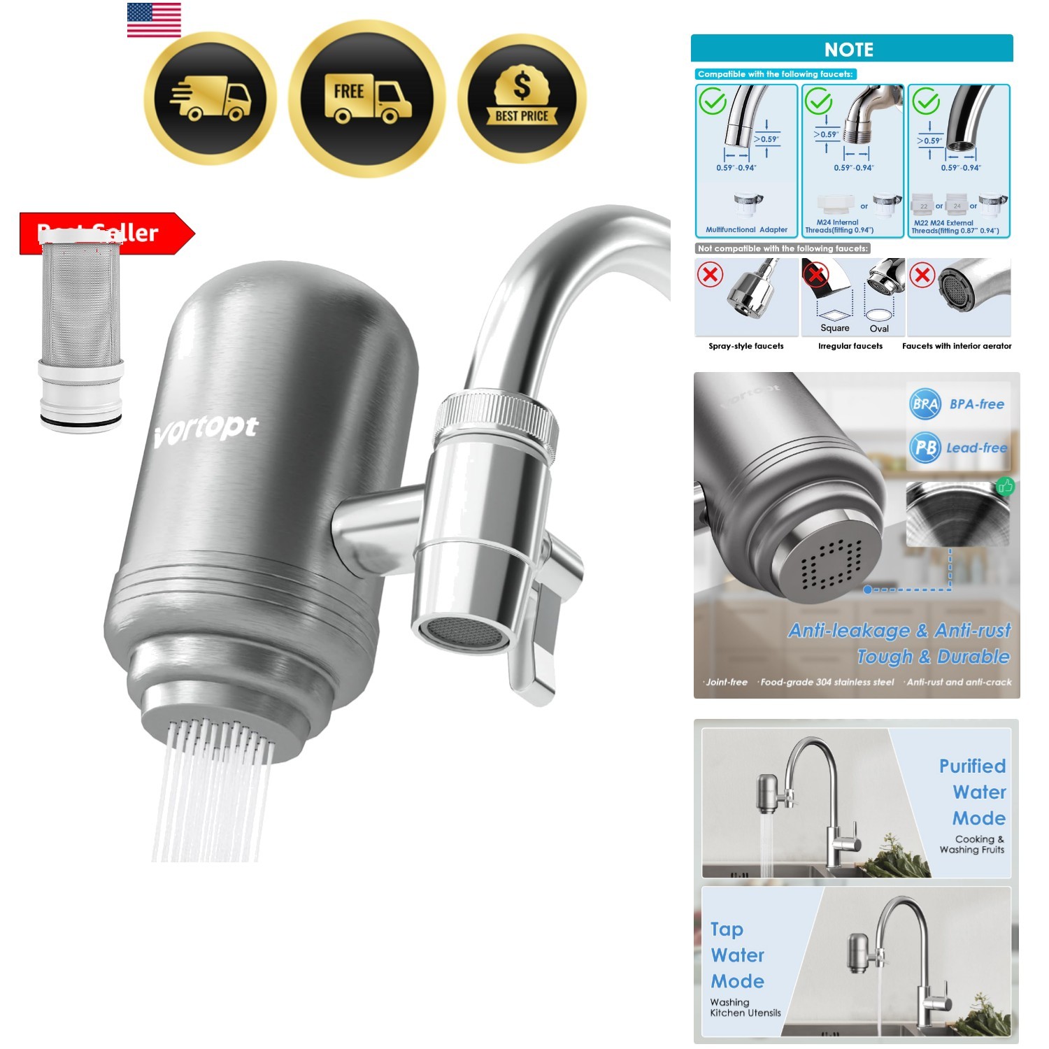 Faucet Water Filter for Sink, Rapid Flow – 400 Gallons Faucet Mount Water Fil…