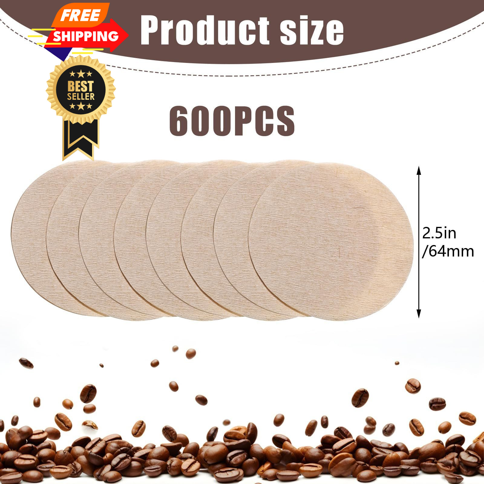 600Pcs Unbleached Coffee Filters, Replacement 64 mm/2.5 inch, 64MM/600Pcs