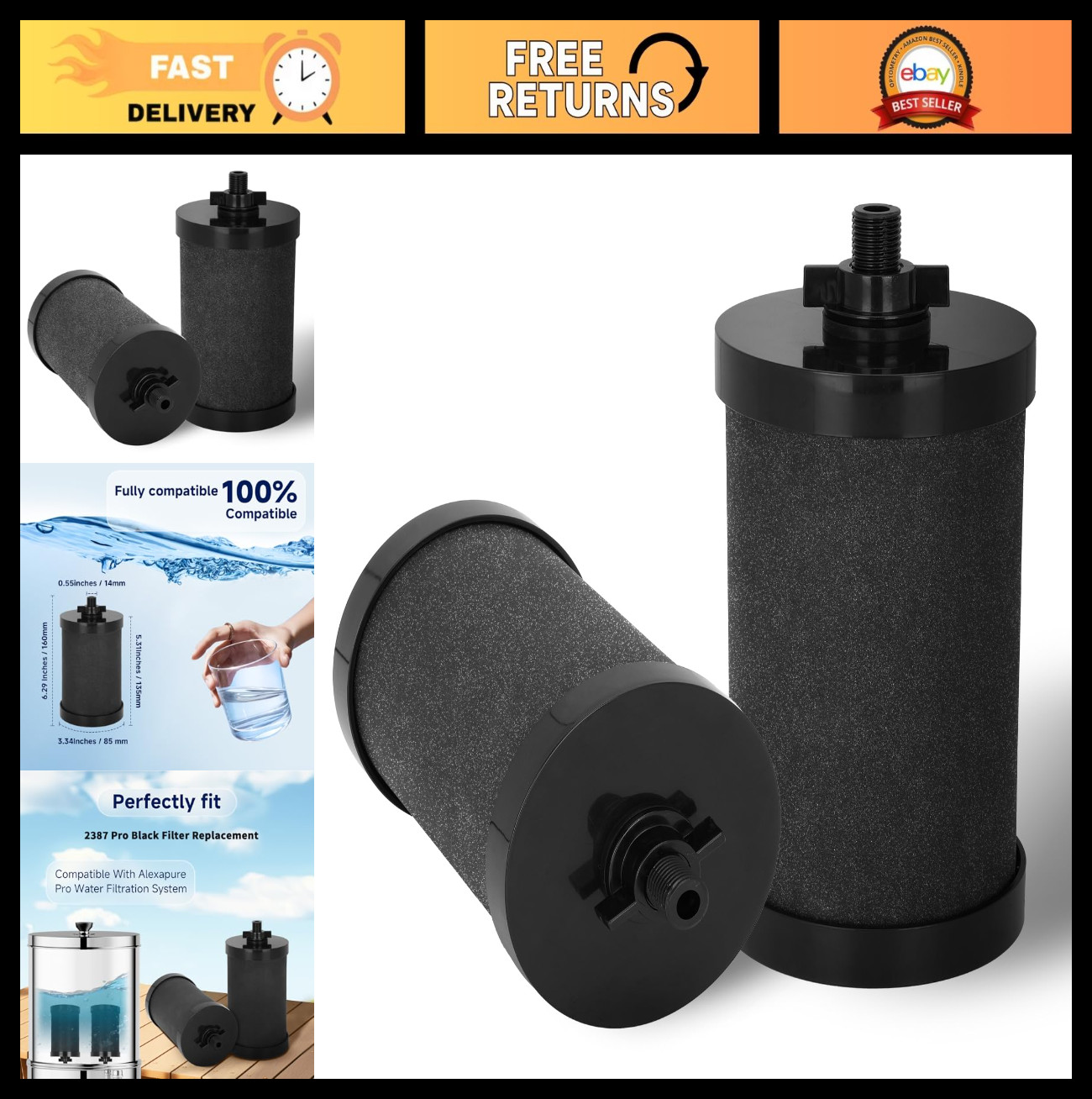 Alexapure Pro Black Water Filter Replacement 2 Pack NSF/ANSI 42 Certified