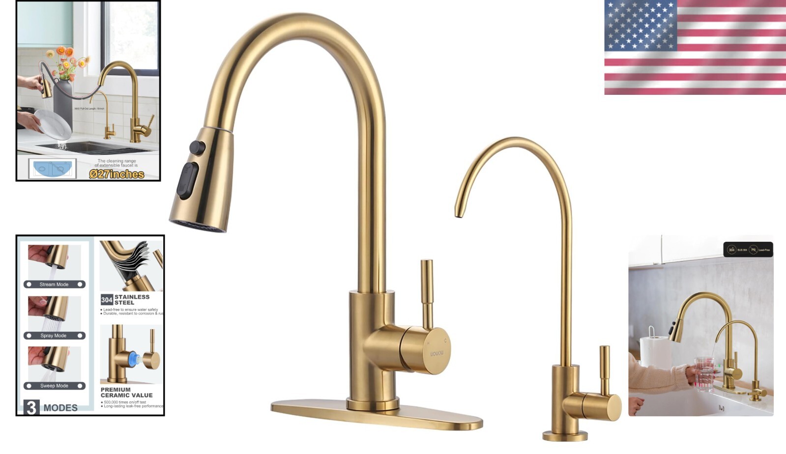 Premium Stainless Steel Kitchen Faucet with Drinking Water Faucet – Brushed Gold