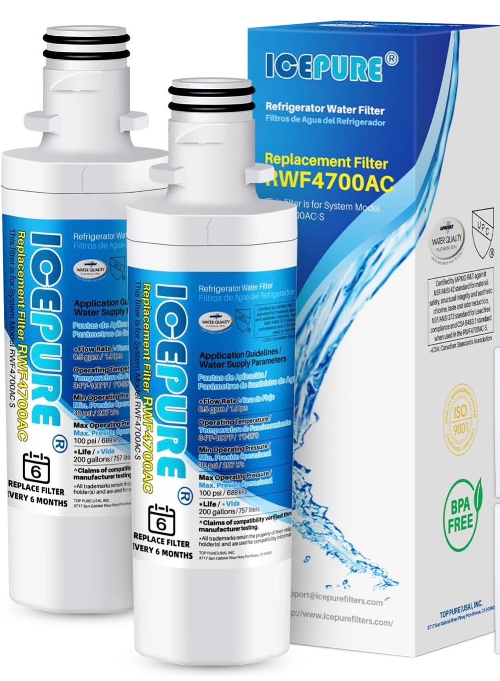 RWF4700AC Water Filter Fit for LT1000P, ADQ747935, LMXS28626D, LT1000PC 2PACK