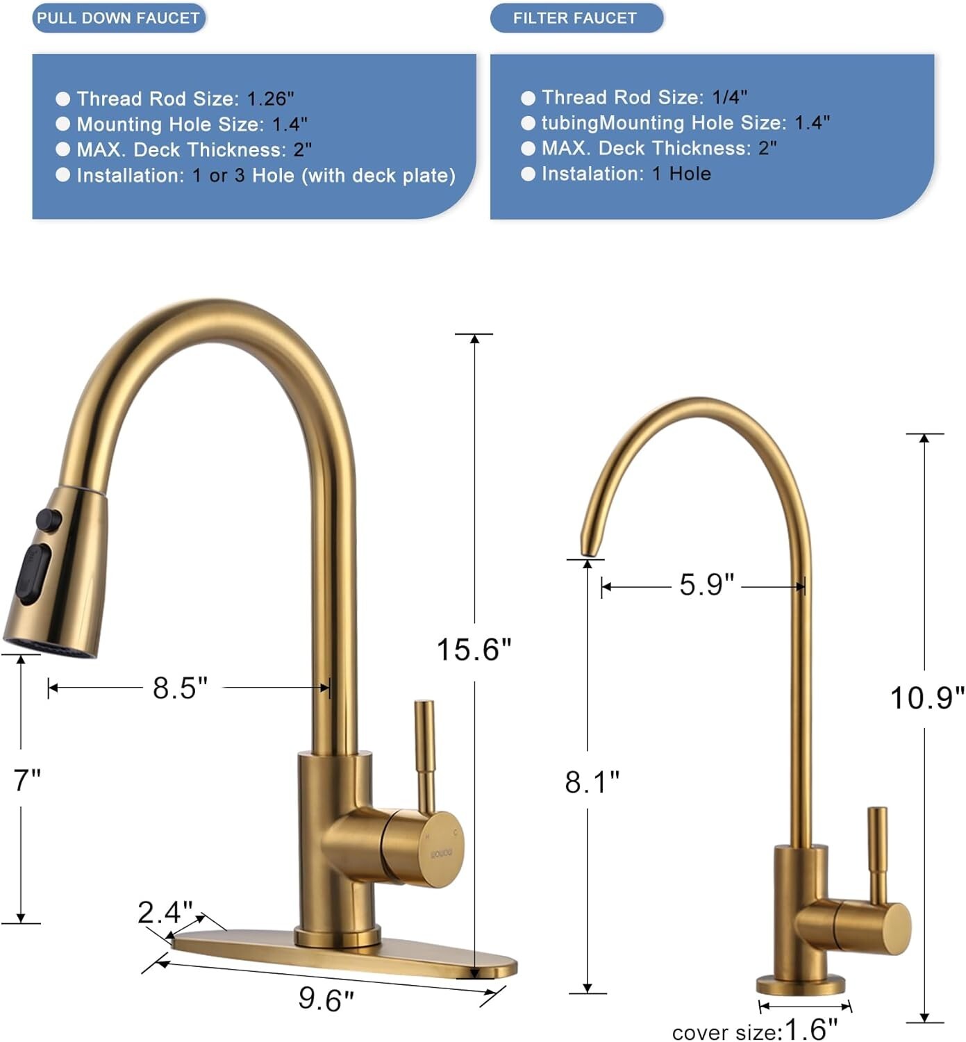 Premium Stainless Steel Kitchen Faucet with Drinking Water Faucet – Brushed Gold