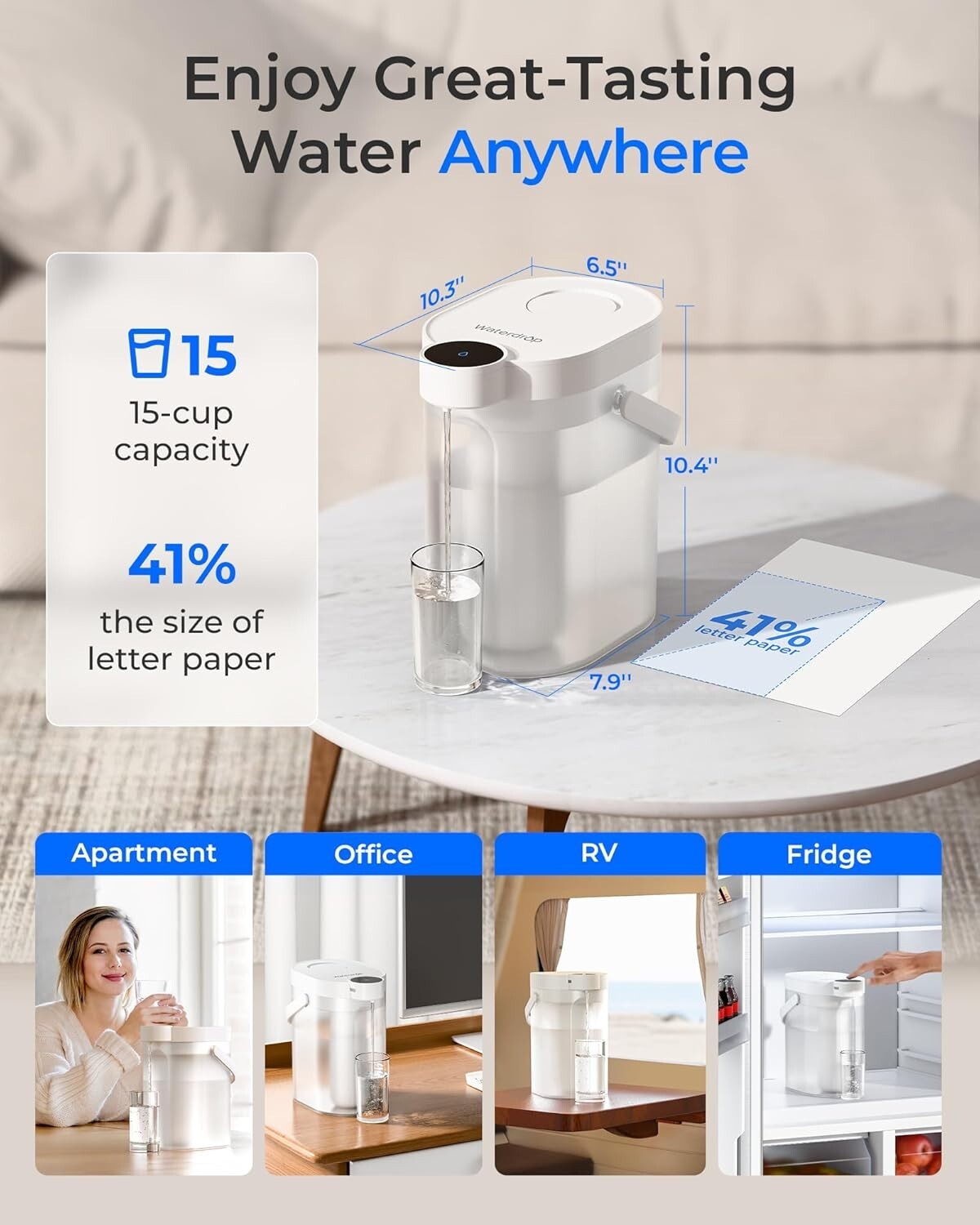 Waterdrop TDS Reduction Rechargeable Water Filter Dispenser,with 1 Filter,White