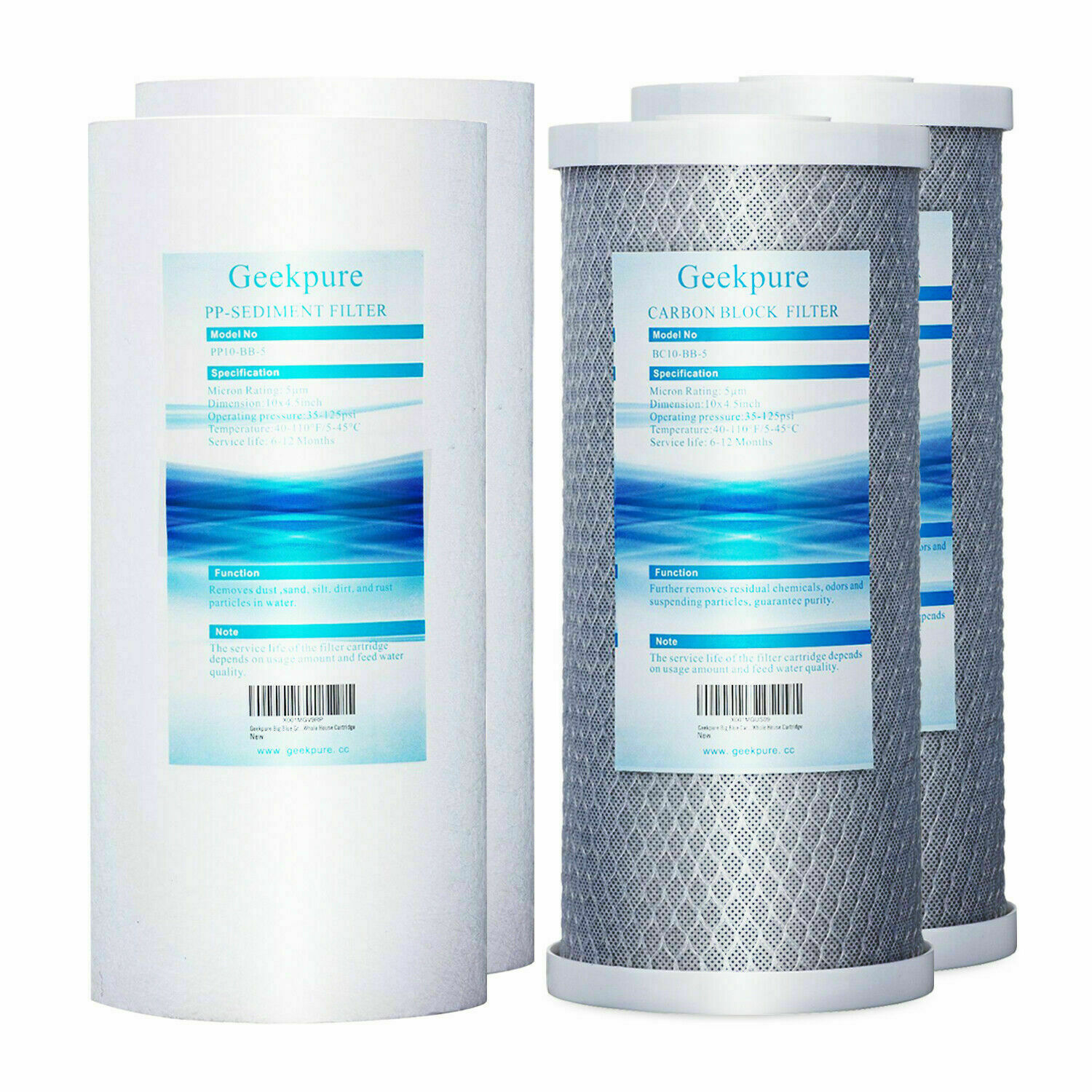 Geekpure Whole House PP Carbon Block Replacement Filters 5 Mic 4.5″ x 10″ Pack 4