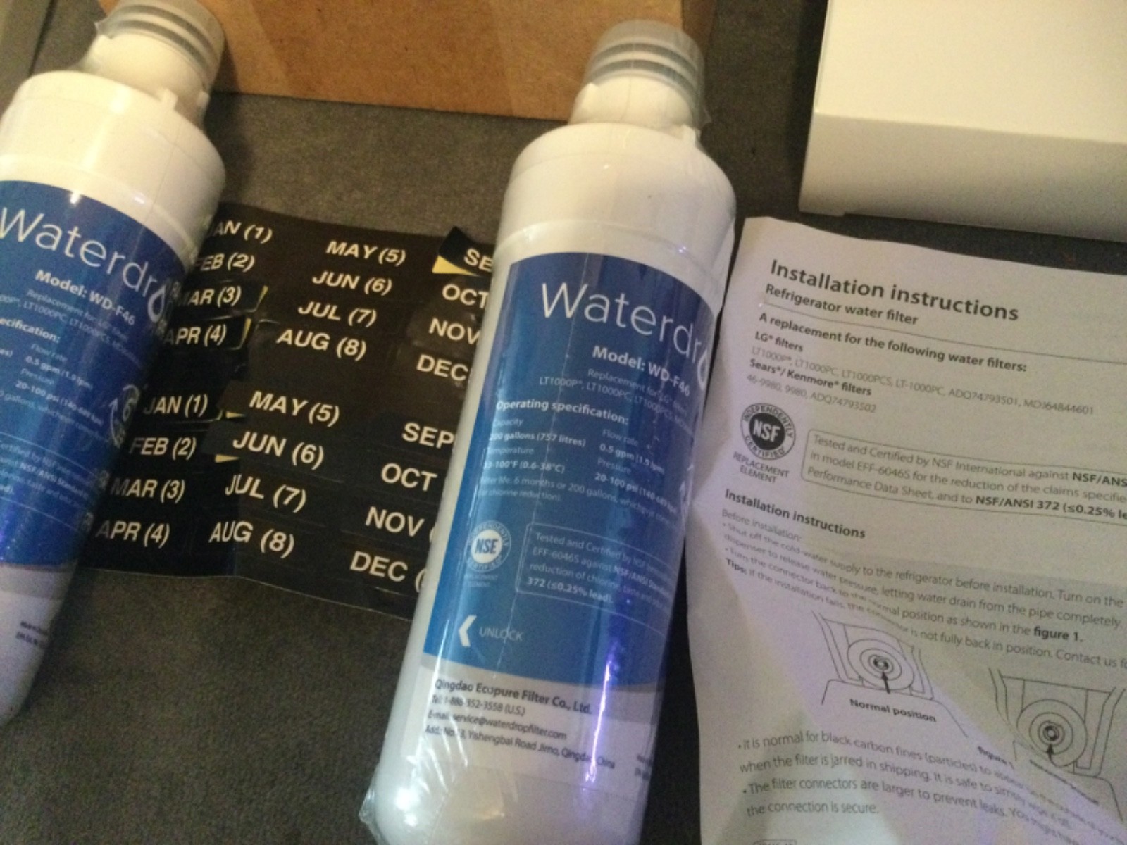 Brand New,Sealed Waterdrop WD-F46 Lot of 2 w/stickers,3 air filters,box,etc.FS!