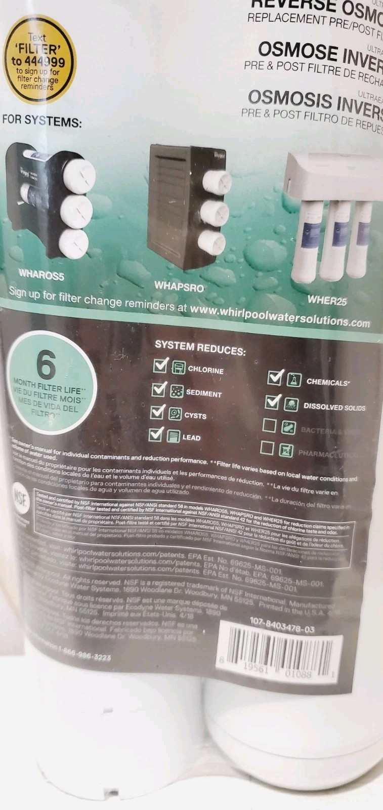 Whirlpool WHEERF, WHAROS5 WHER25, WHAPSRO Under Sink 6-Months Replacement Filter