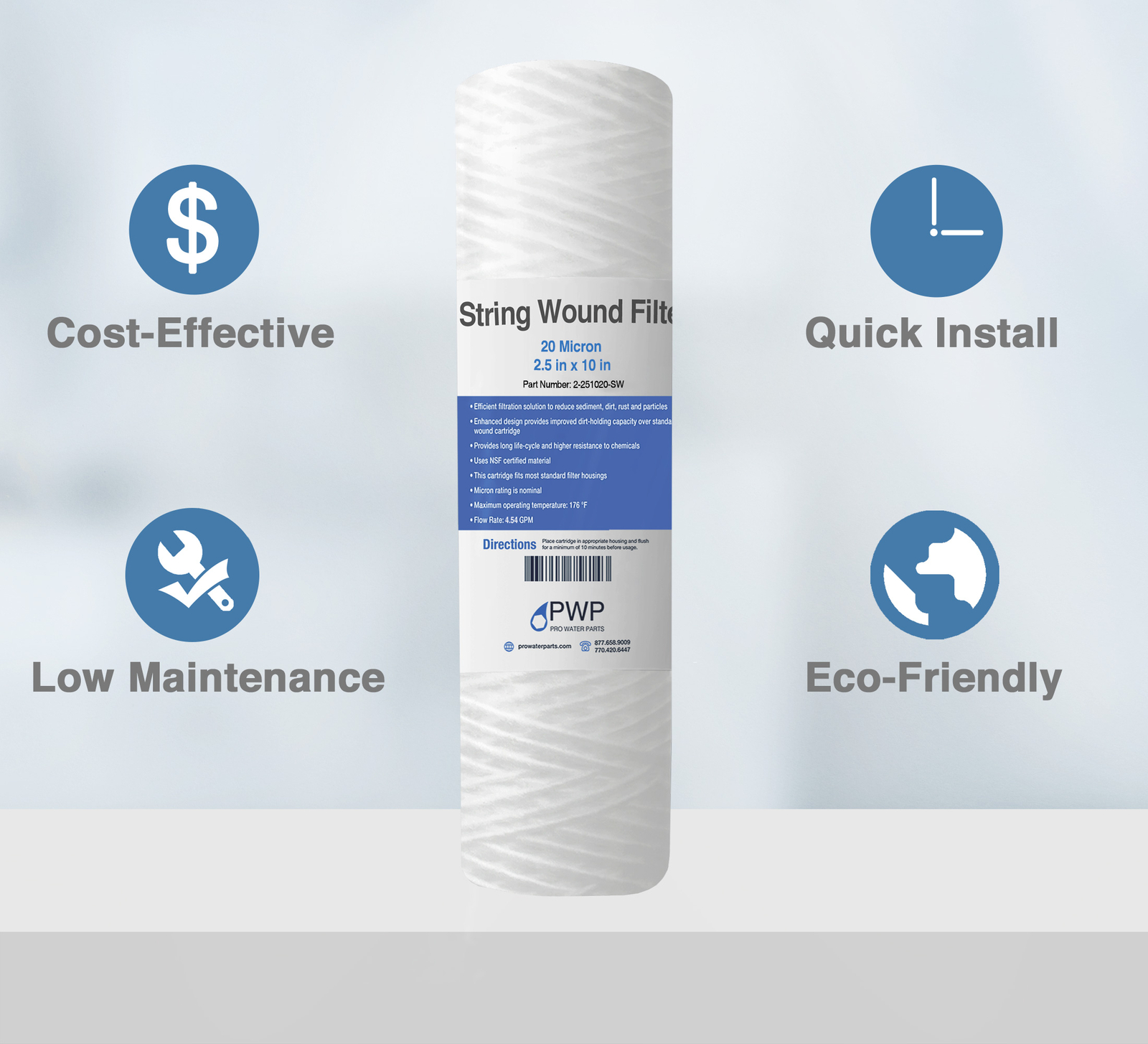 String Wound Sediment Water Filter Cartridge Standard 2.5×10″ 20 Micron 5 Pack