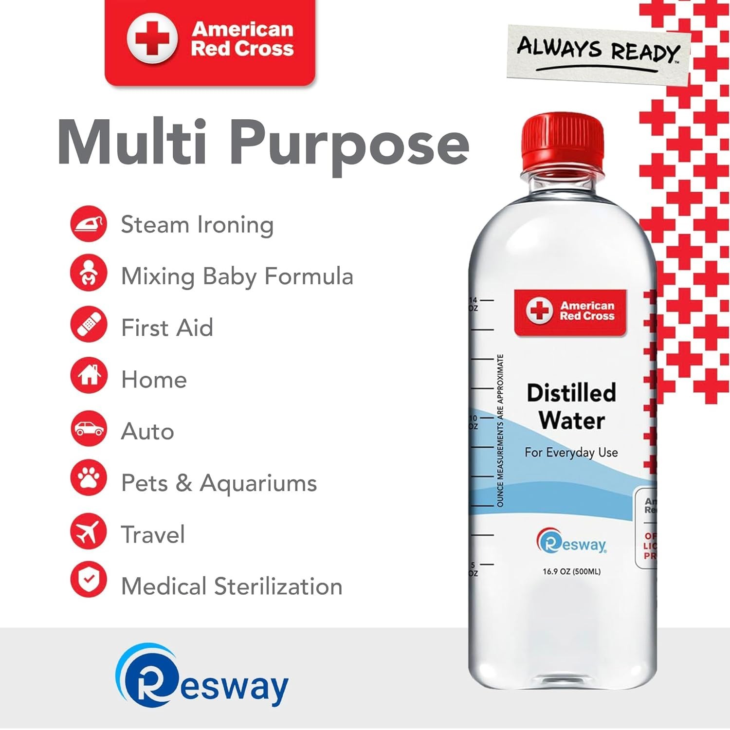 American Red Cross 16.9 fl.oz Bottled Distilled Water – Eco-Friendly Pack of 24