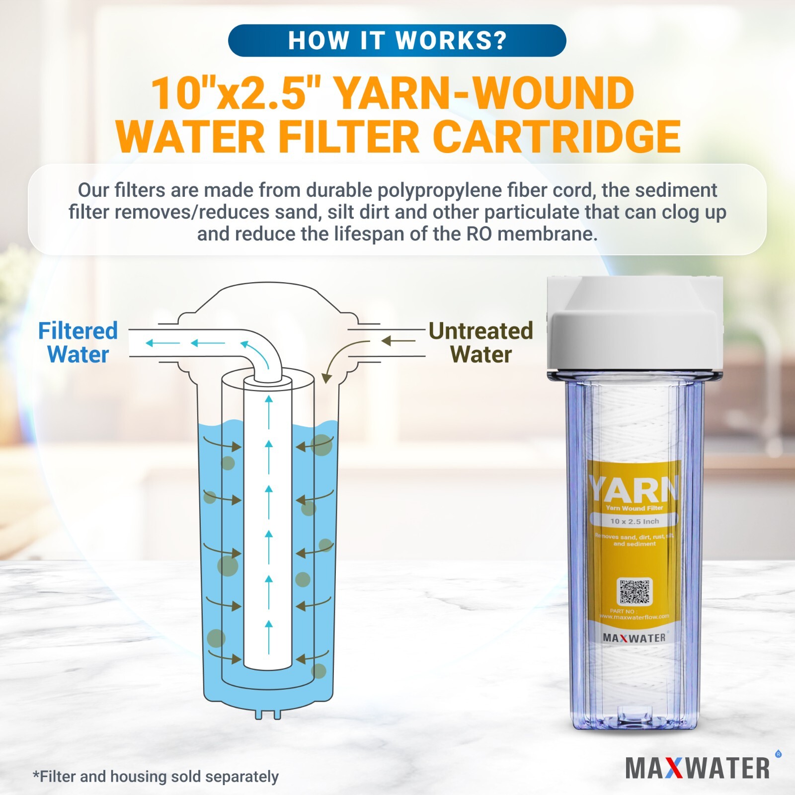 String Wound Sediment Water Filter Cartridge Standard 2.5×10″ 1 Micron 25 Pack