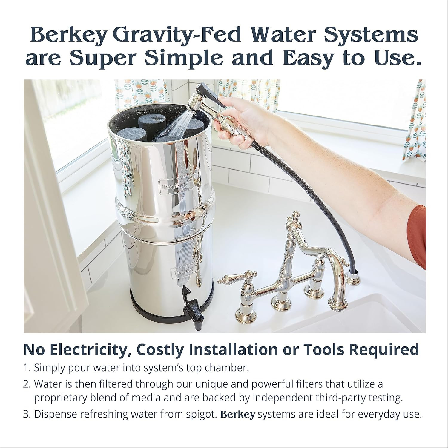 Big Gravity-Fed Stainless Steel Countertop Water Filter System 2.25 Gallon with