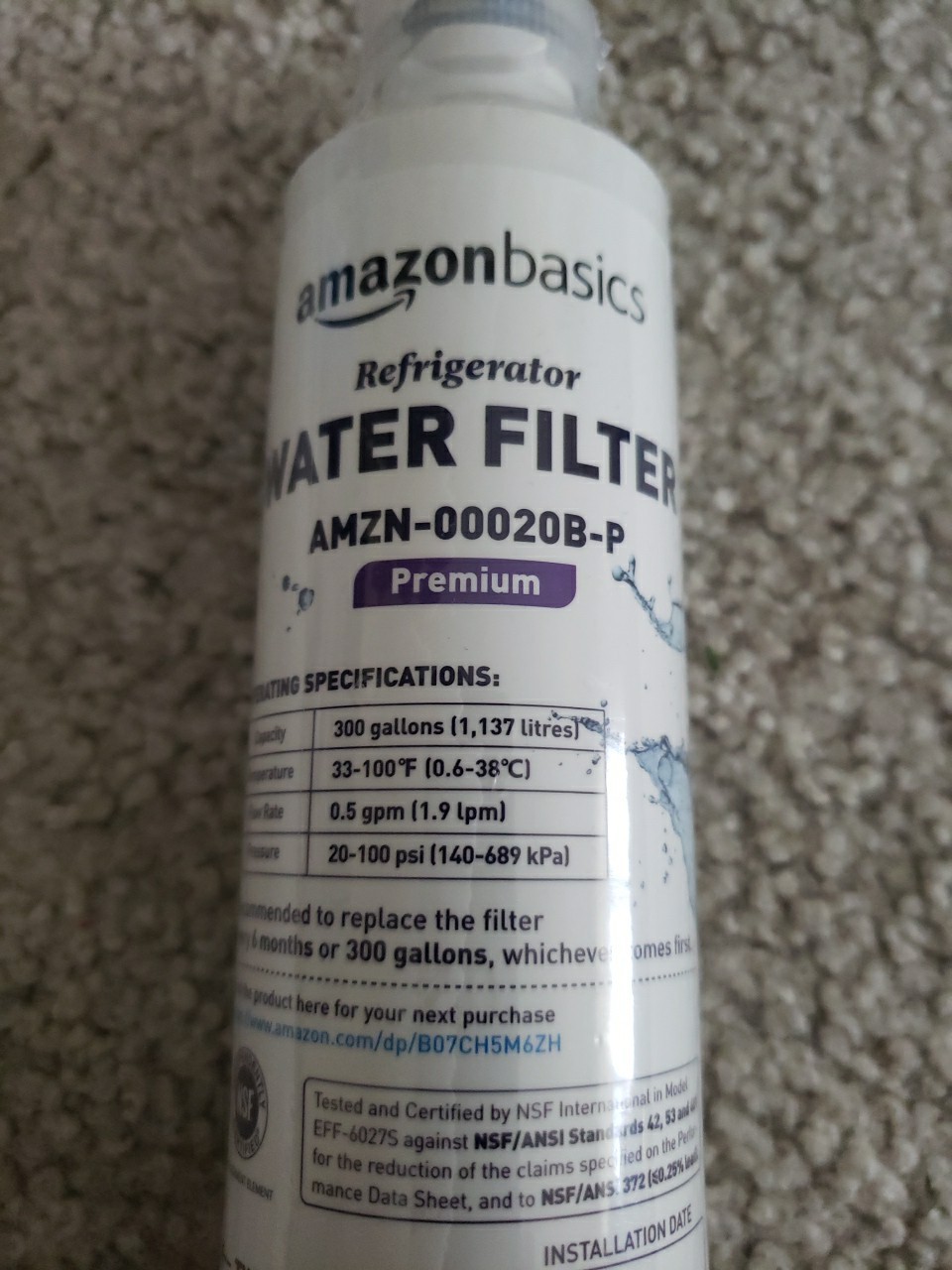 Amazon Basics Refrigerator Water Filter AMZN-00020B-P Premium 6 Months Sealed