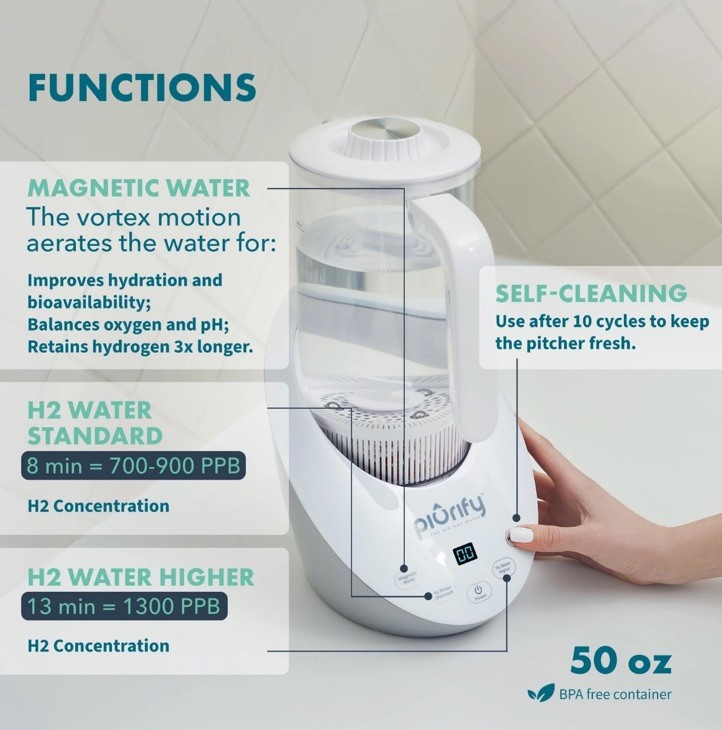 Piurify Hydrogenator Water Machine Pitcher Hydrogen Magnetic H2O Water BPA Free
