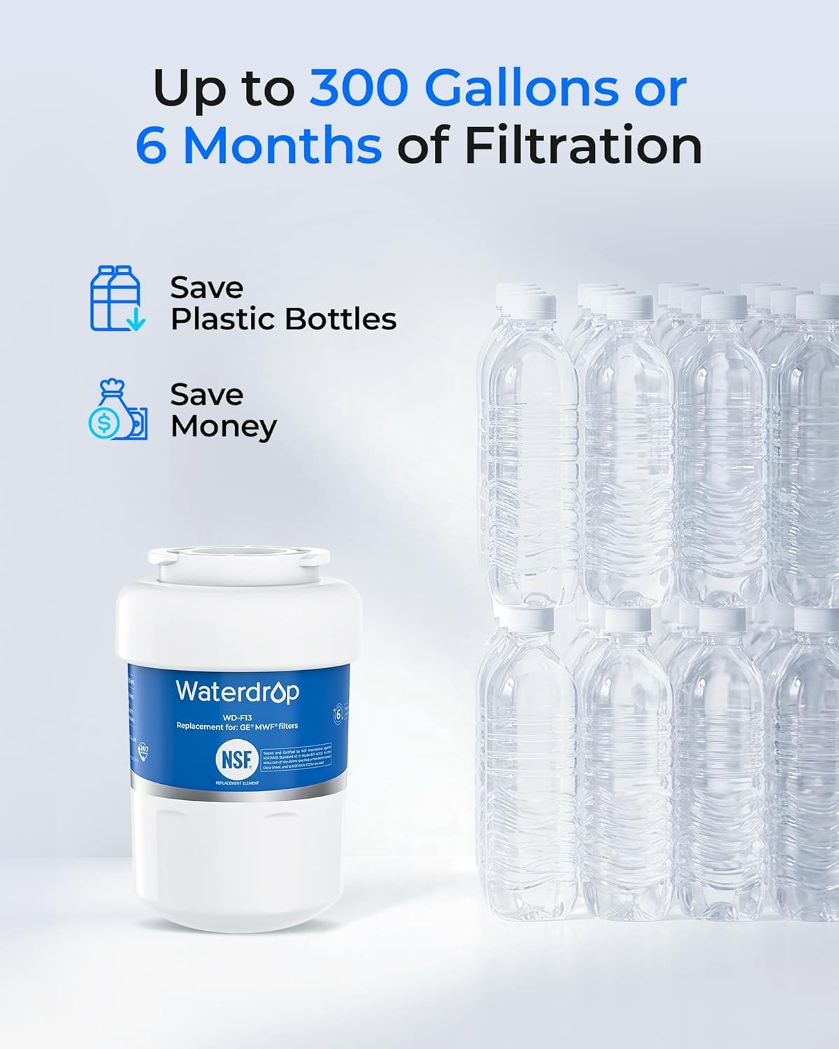 Waterdrop MWF Refrigerator Water Filter,Replacement for GE® MWF, MWFINT,3 Packs