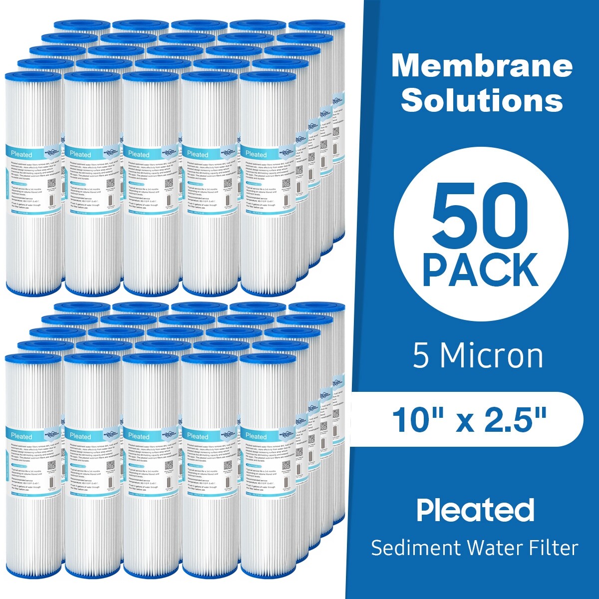 5 Micron 10″ x 2.5″ Washable Pleated Whole House Sediment Water Filter 1-50 Pack