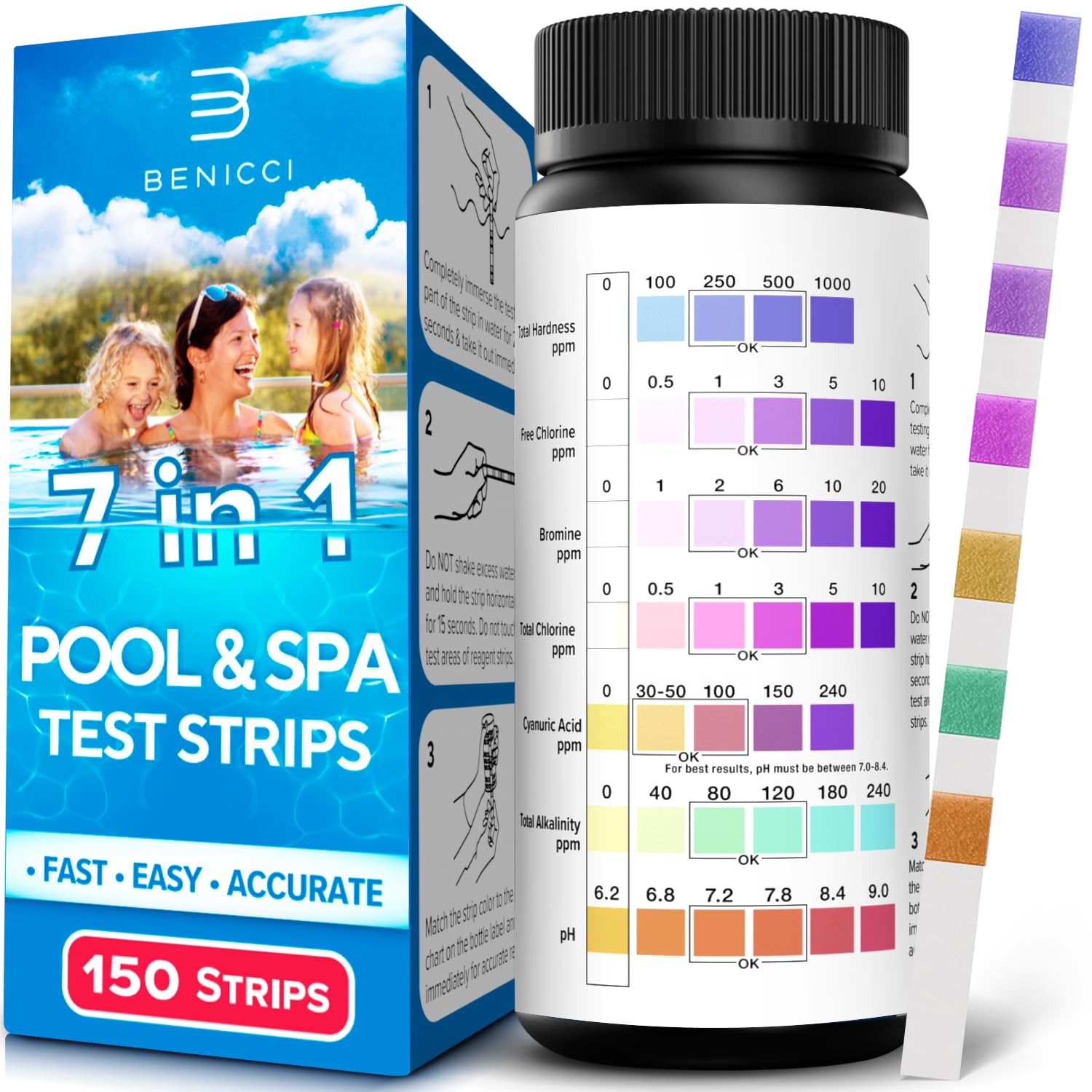 7-in-1 Accurate Pool Test Strips – 150 Hot Tub Spa – Quick Pool…
