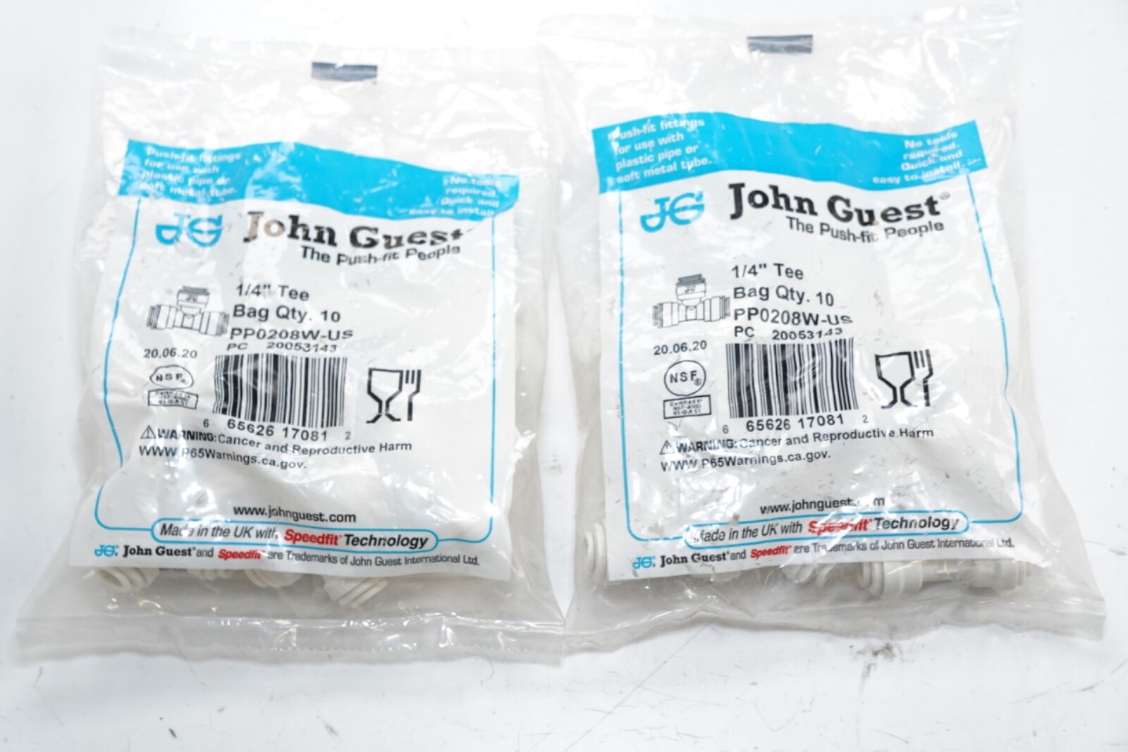 New 20 Pack John Guest 1/4 in Polypropylene Push-To-Connect Tee PP0298W-US