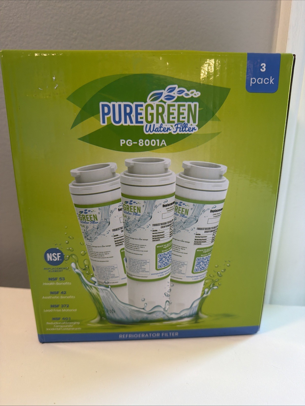 Pure Green Refrigerator Water Filter Lot 3 Pack PG-8001A Maytage Kenmore Amana