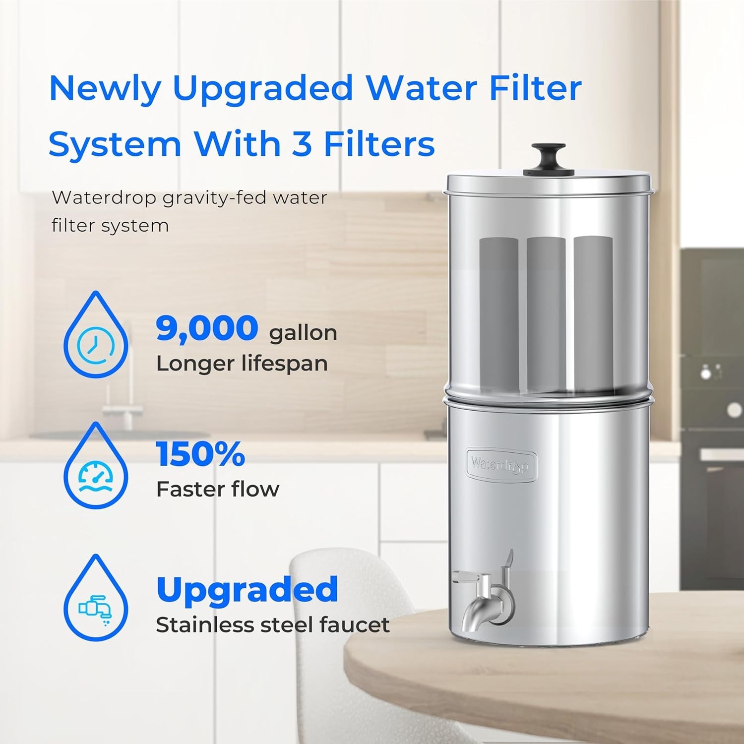 Waterdrop Gravity-fed Water Filter System with 3 Carbon Filters & Metal Spigot