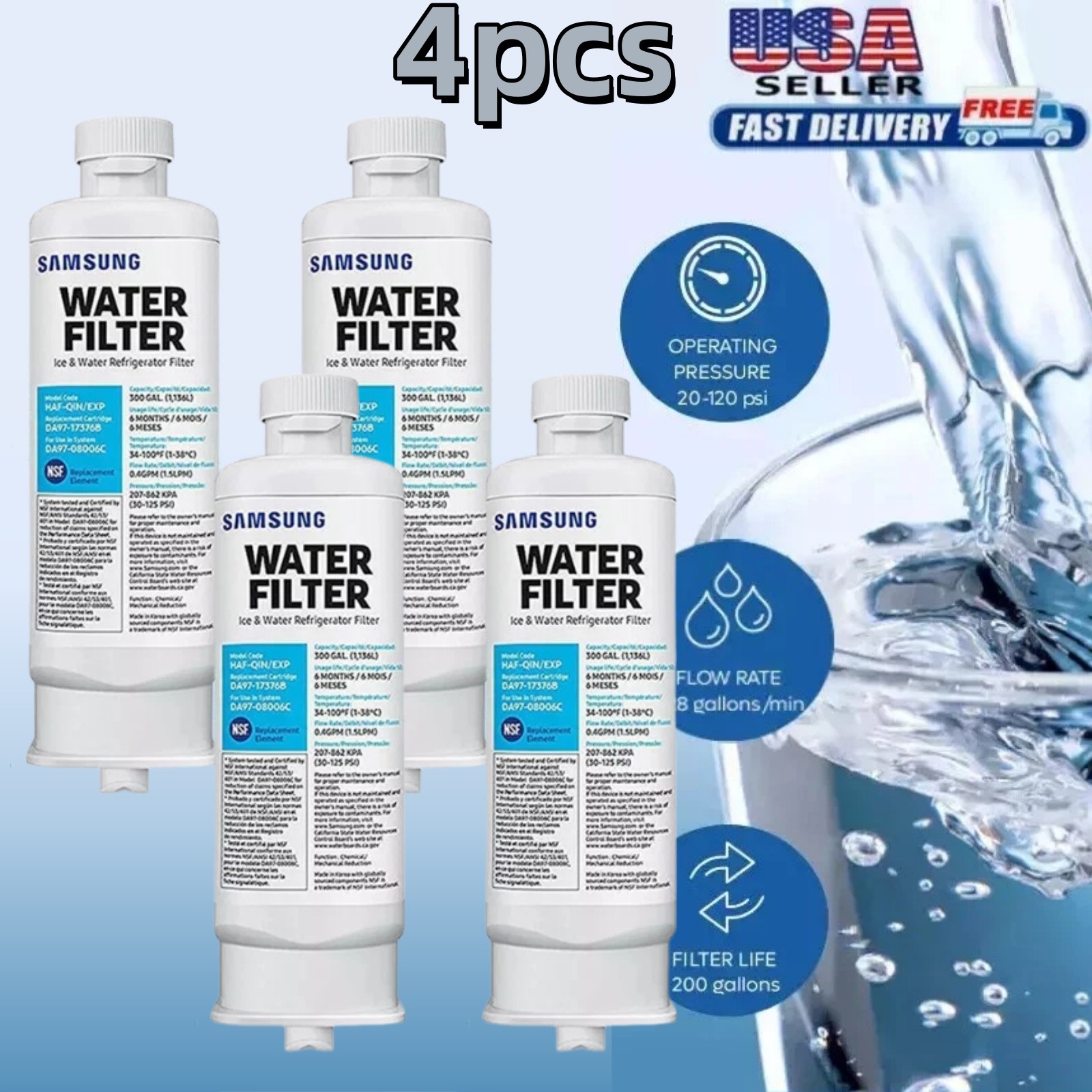 4 PACK For Samsung DA97-17376B HAF-QIN/EXP REFRIGERATOR Water Filter