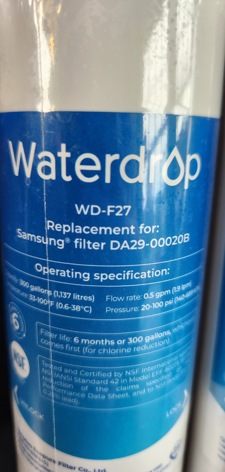 WATERDROP WD-F27 REFRIGERATOR WATER FILTER, FOR SAMSUNG NEW & SEALED