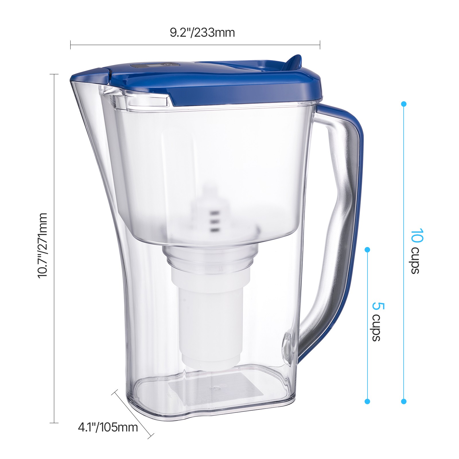 9-Cup Water Filter Pitcher w/5-Stage Filtration, 40 Gal Cap, BPA-Free, Blue