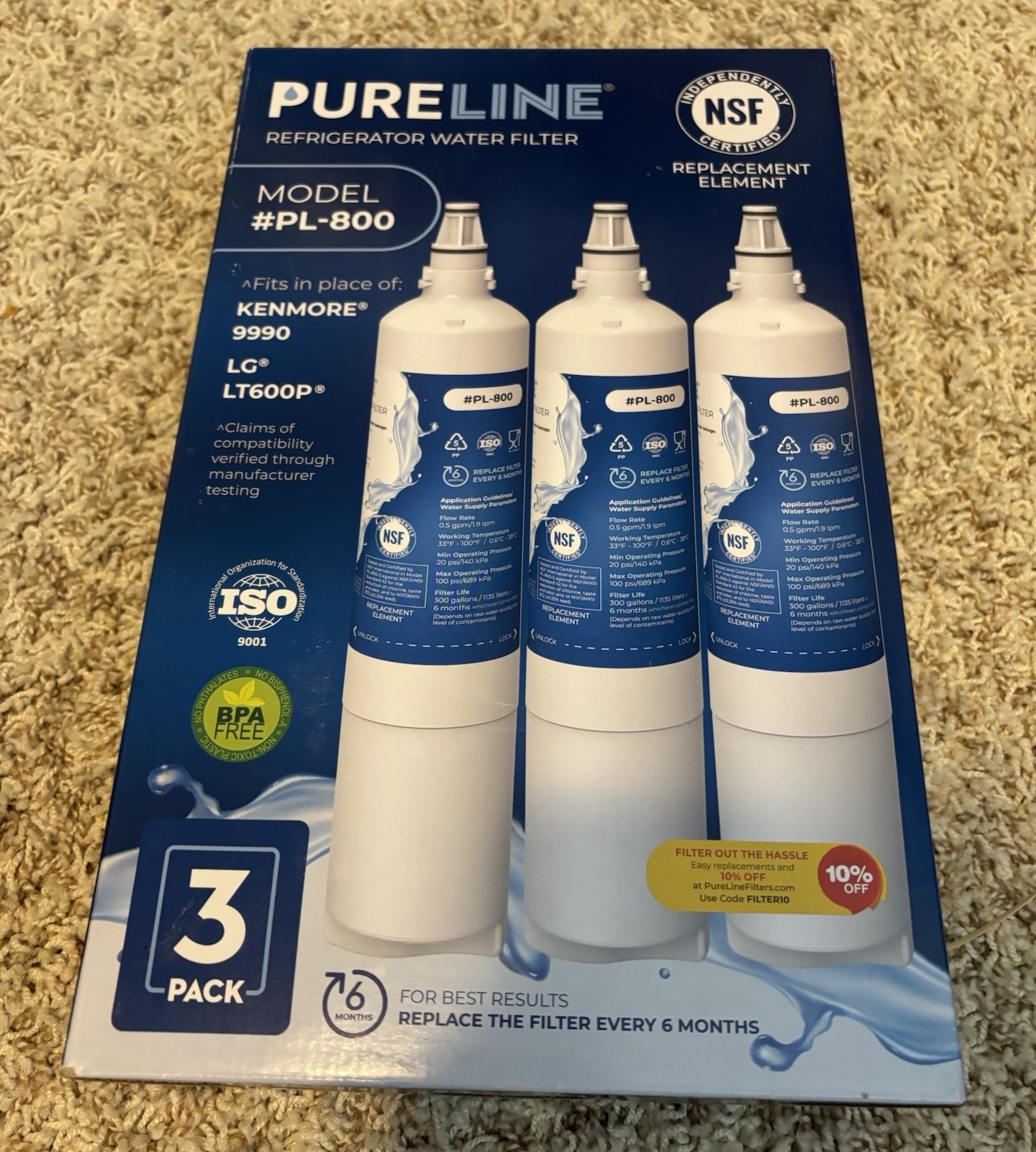 PURELINE Refrigerator Water 3 Pack Filters MODEL#PL-800. Kenmore 9990. LG LT600P