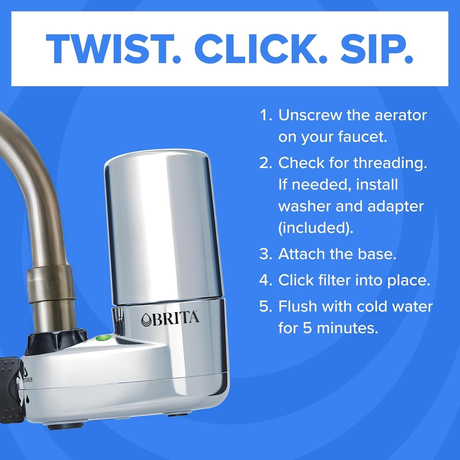 Brita Faucet Mount Water Filter System Chrome, No-Wait Filtration, Easy Install