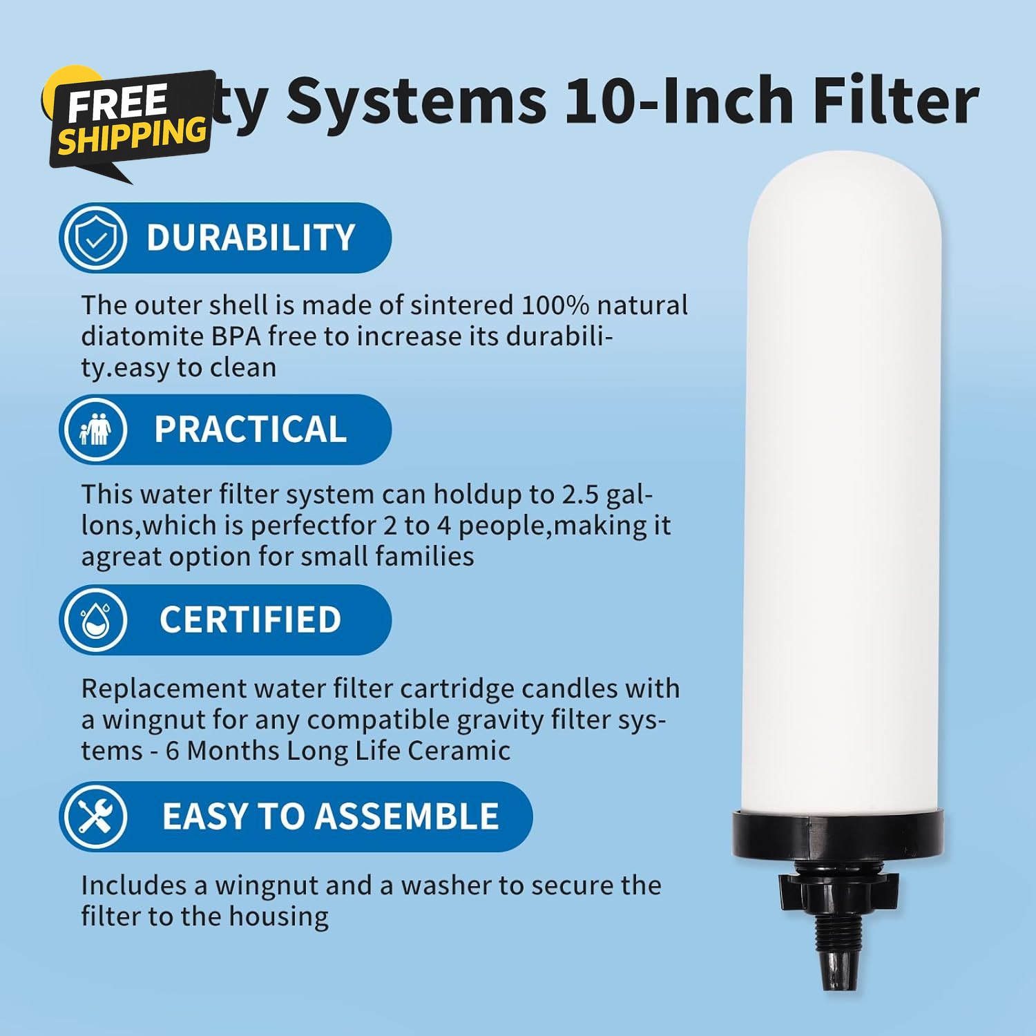 2 Pack 7» Ceramic Water Filter Candle,7 Inch Water Filter Replacement Filters