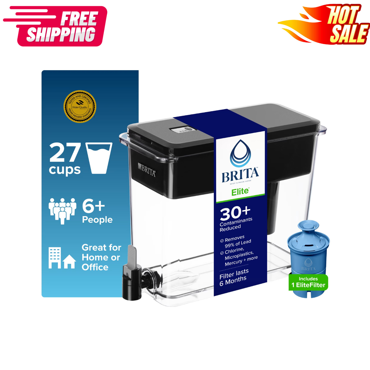 Brita Ultramax 27 Cup Filtered Water Dispenser Black with Elite Filter