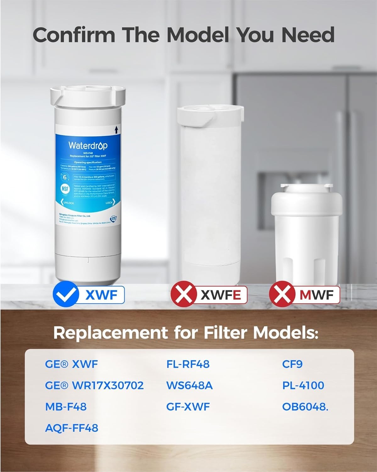 Waterdrop XWF Refrigerator Water Filter Replacement For GE® XWF GDE25 GFE26