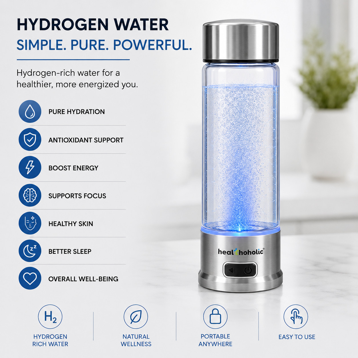 Hydrogen Water 450ML Rich Alkaline Portable Glass Bottle Generator Ionizer Max