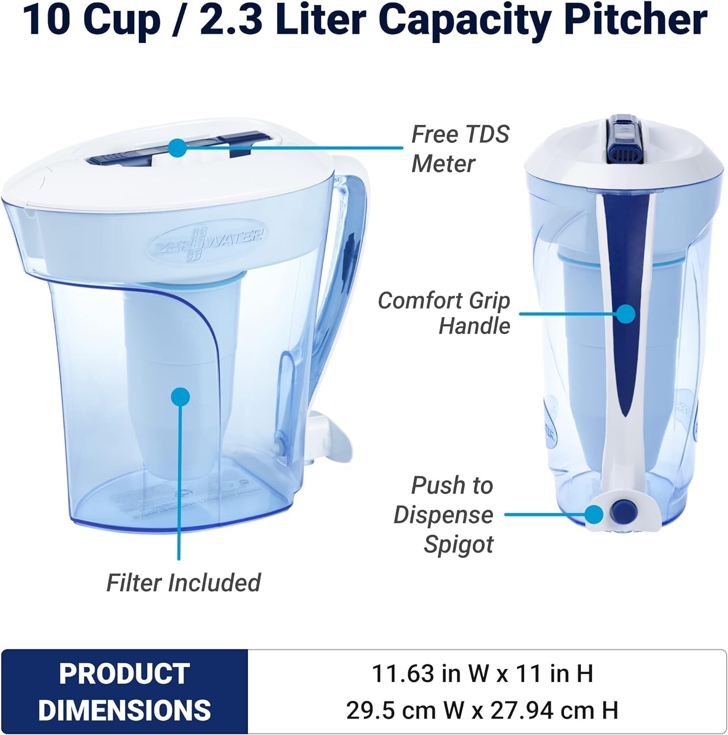 ZeroWater 10‑Cup Ready‑Pour 5‑Stage Water Filter Pitcher – 0 TDS – New