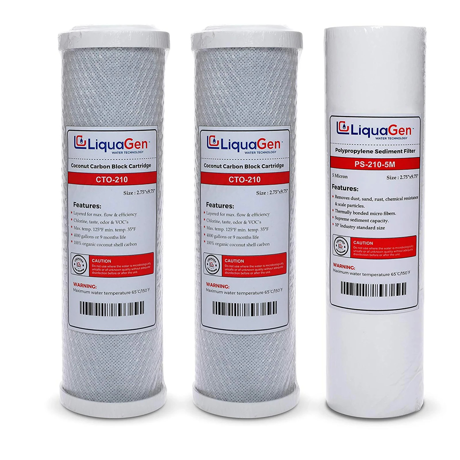 LiquaGen RO Pre Filter Kit Sediment + 2 Carbon Block Stages 1, 2 & 3 Universal