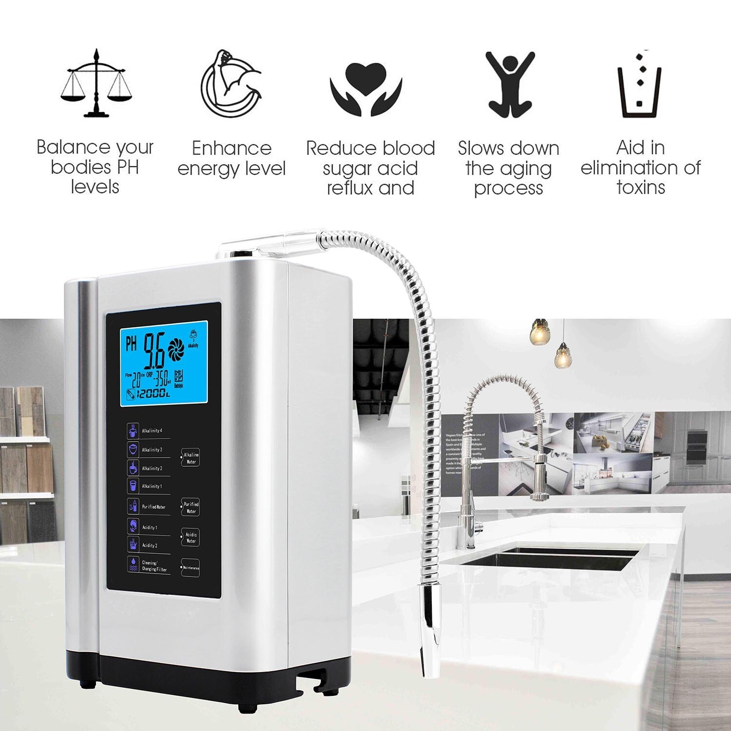 Alkaline Water Ionizer machine hydrogen water Purifier pH3.5-10.5 Water filter