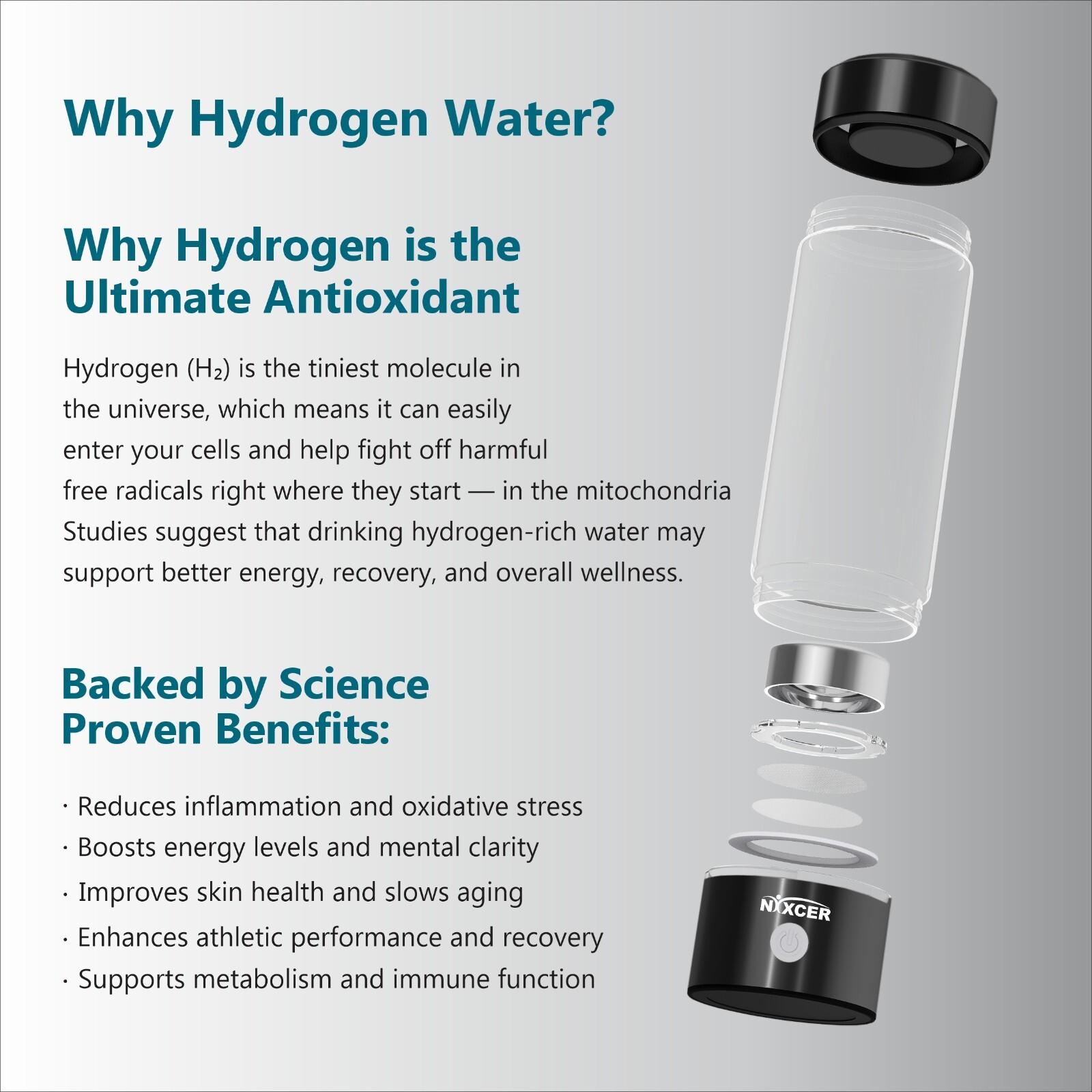 NIXCER HYDROGEN 3 MIN SPE PEM TECH 2025 MODEL 420ML HYDRO WATER BOTTLE BLACK