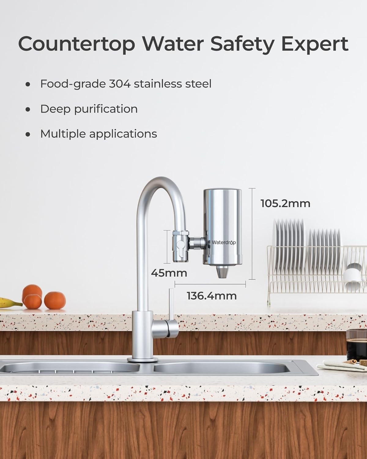 Waterdrop WD-FC-06 Stainless-Steel Faucet Water Filter,Tap Water Filter,1 Filter