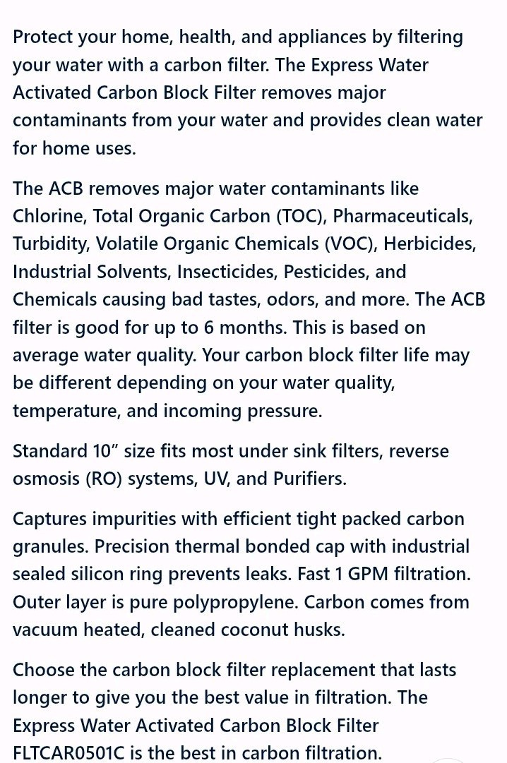 Express Water Activated Charcoal Block Coconut Shell 5 Micron Replacement Filter