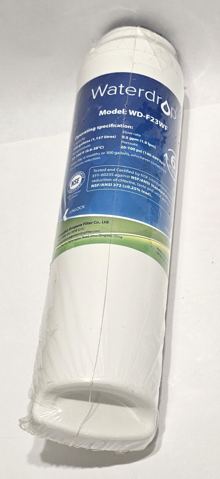 WATERDROP WD-F23WF WATER FILTER 300 GALLONS FLOW Rate .5GMP 20-100 PSI