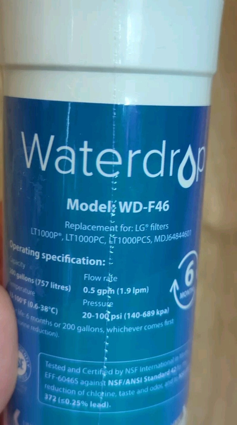 Waterdrop Model WD-F46 Refrigerator Water Filter Replacement New No Box Sealed