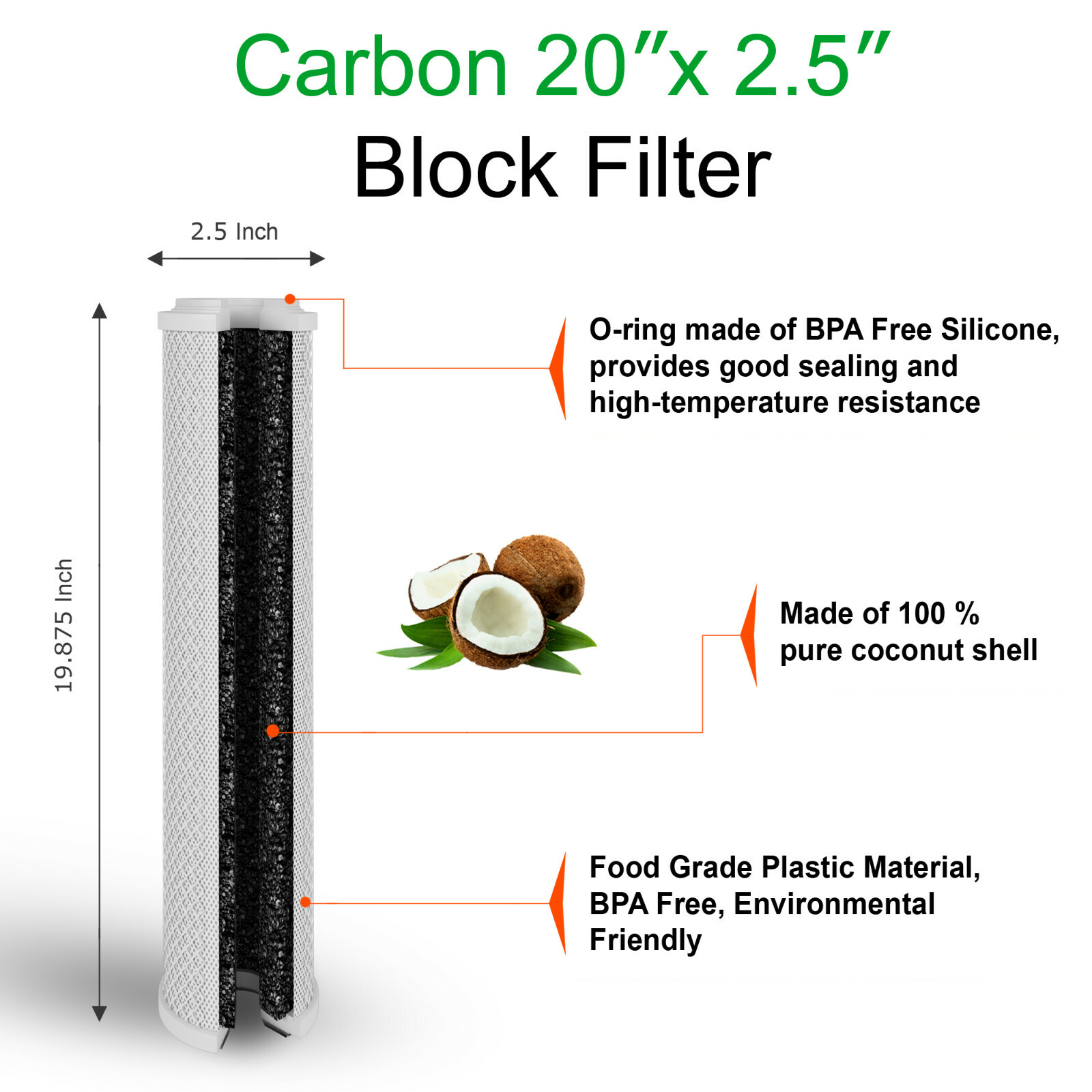 20″ x 2.5″ Block Carbon Water Filter 5 Micron Whole House Cartridges Set of 6