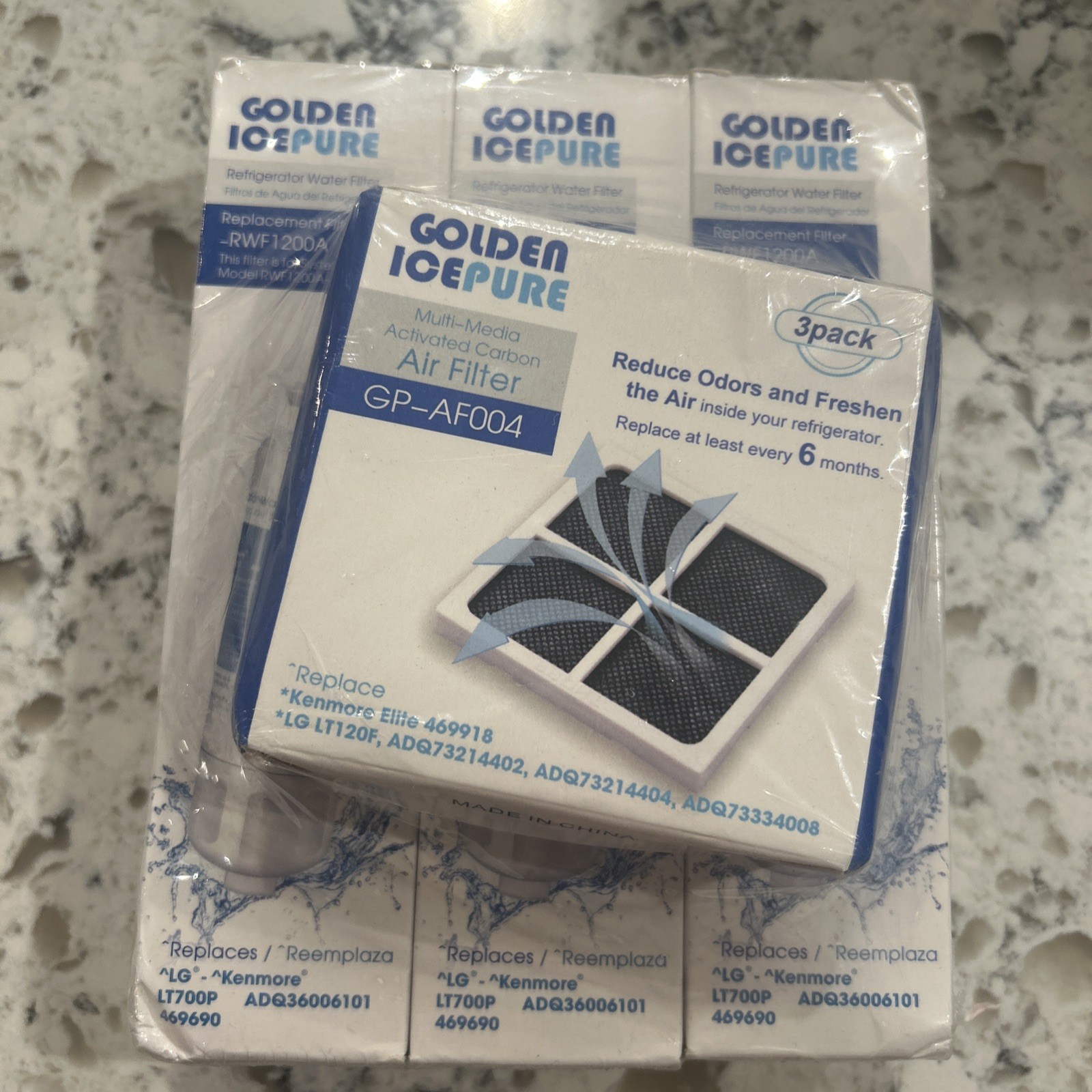 3 Golden Icepure RWF1200A Water Filters & 3 GP-AF004 Air Filters LG Kenmore